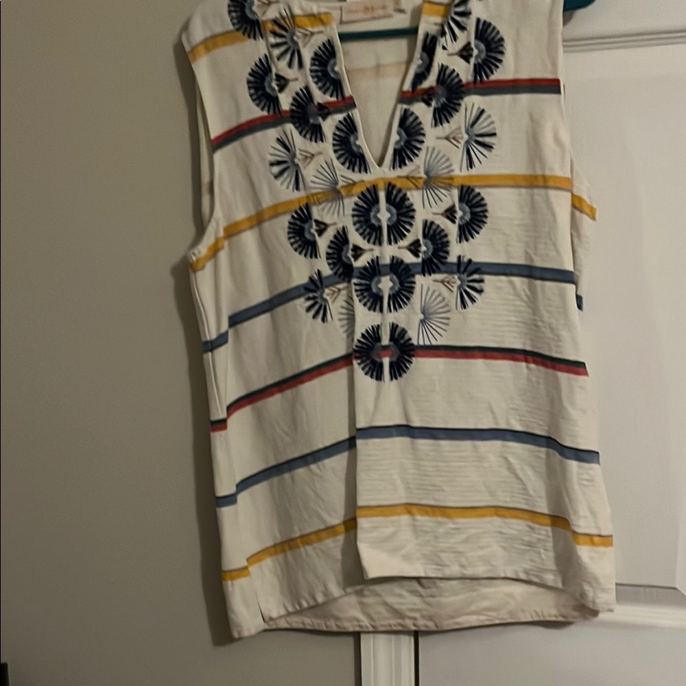 Tory Burch Navy Blue and White Embroidered V-Neck Blouse